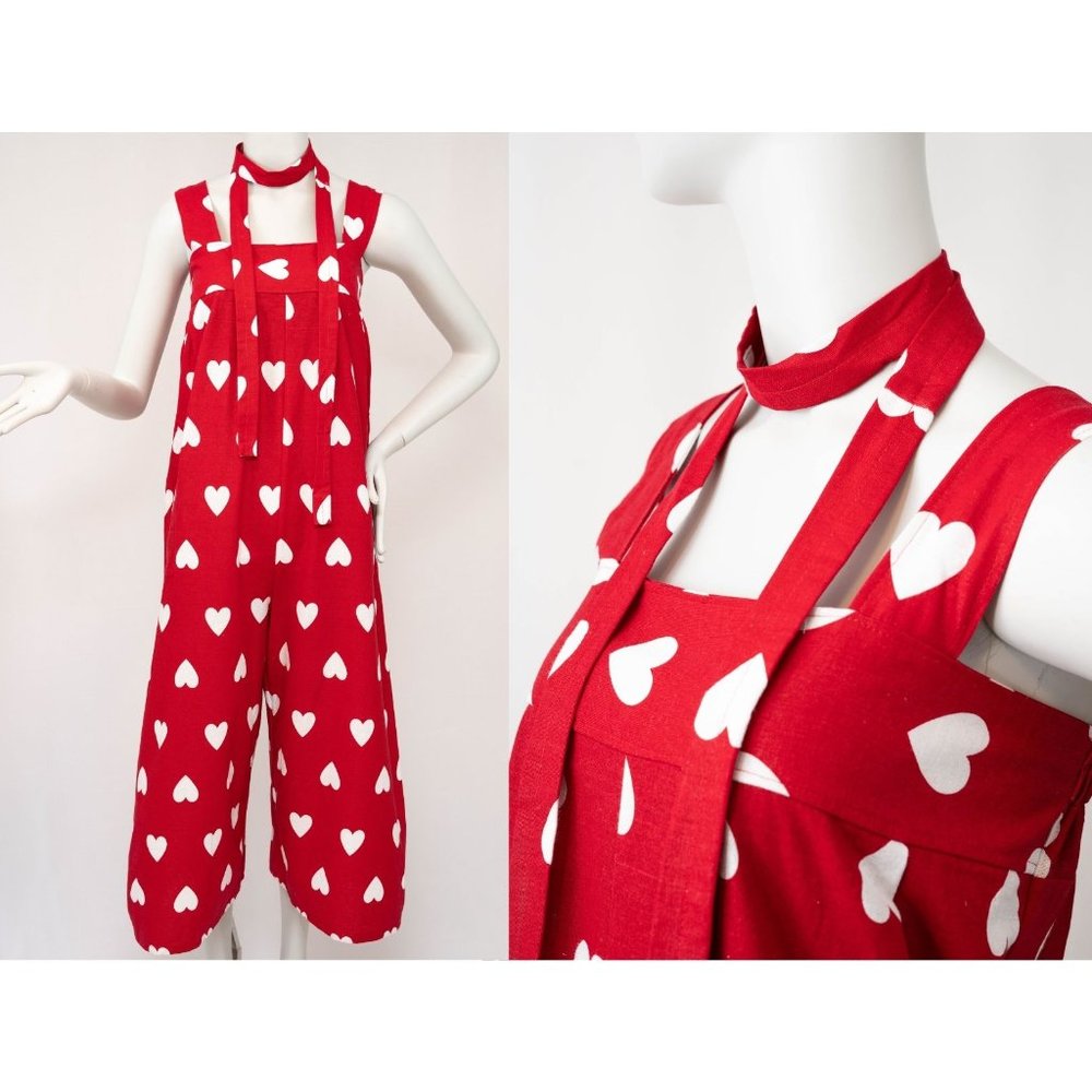 Women's Red Heart Sleeveless Full Size Boho Chic Floral Loungewear Jumpsuit